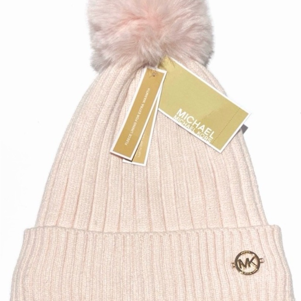 Michael Kors Light Pink Ribbed Pom-Pom Hat with Gold MK Accent